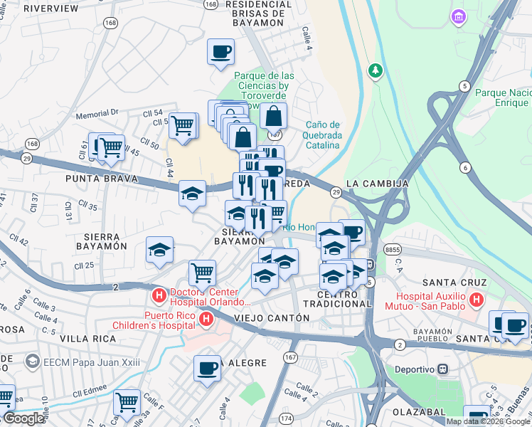 map of restaurants, bars, coffee shops, grocery stores, and more near 75 Calle 24 in Bayamón
