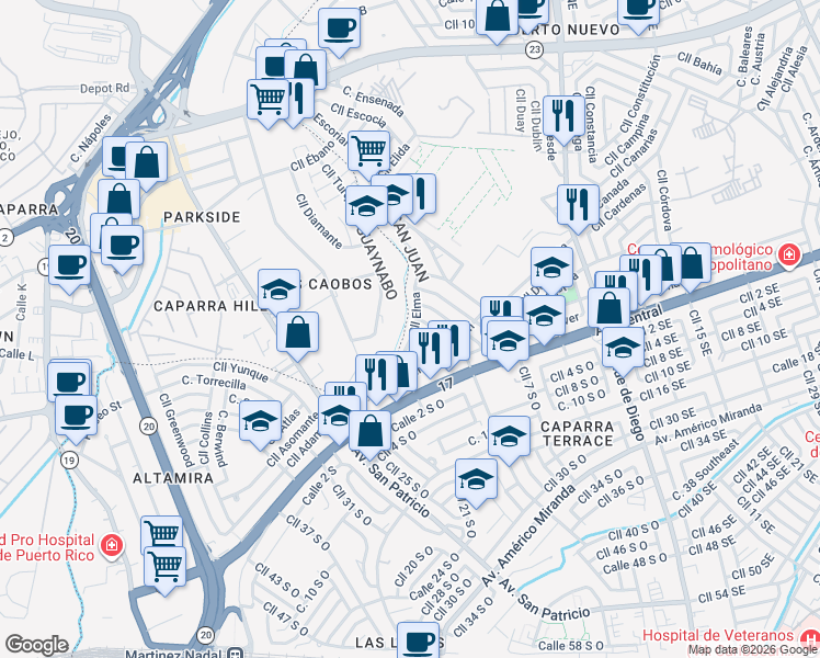 map of restaurants, bars, coffee shops, grocery stores, and more near 620 Calle Elma in San Juan