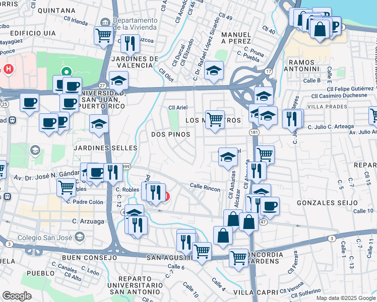 map of restaurants, bars, coffee shops, grocery stores, and more near 821-827 Calle Dr. Lopez Sicardo in San Juan