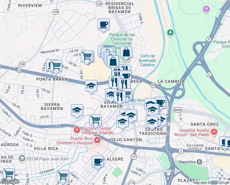 map of restaurants, bars, coffee shops, grocery stores, and more near 75 Calle 24 in Bayamón