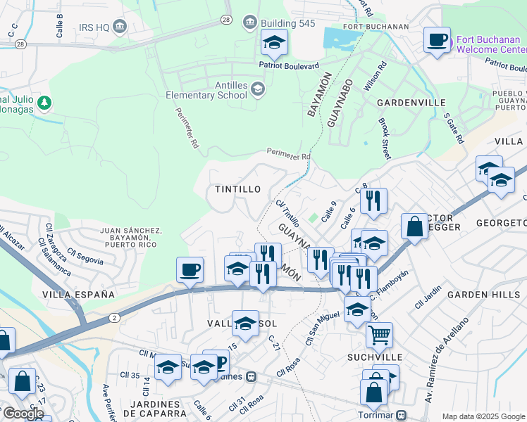 map of restaurants, bars, coffee shops, grocery stores, and more near Calle Tintillo in Guaynabo