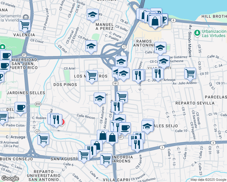 map of restaurants, bars, coffee shops, grocery stores, and more near in San Juan