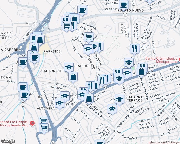 map of restaurants, bars, coffee shops, grocery stores, and more near 620 Calle Elma in San Juan