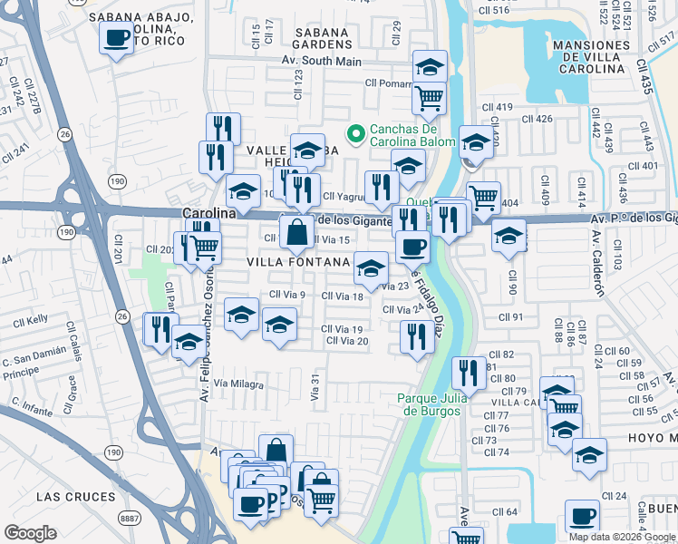 map of restaurants, bars, coffee shops, grocery stores, and more near Calle Via 17 in Carolina
