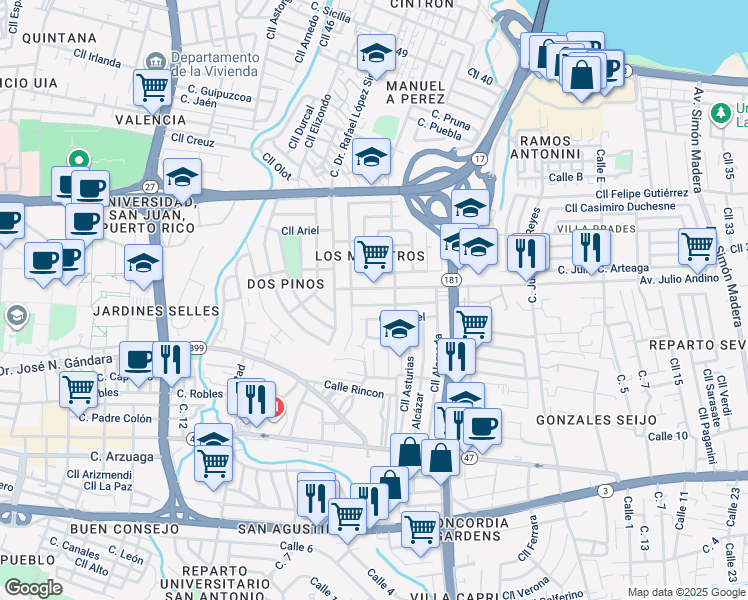 map of restaurants, bars, coffee shops, grocery stores, and more near 475 Calle Trinidad Orellana in San Juan