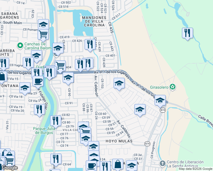 map of restaurants, bars, coffee shops, grocery stores, and more near 26 Calle 104 in Carolina