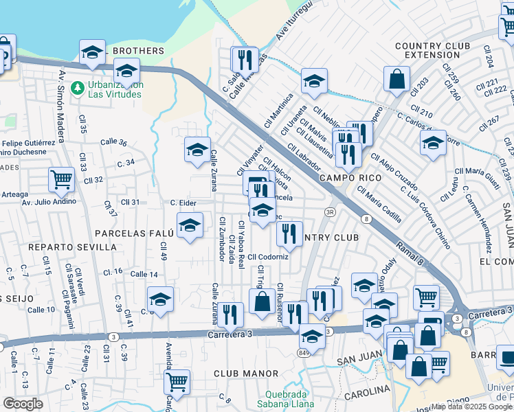 map of restaurants, bars, coffee shops, grocery stores, and more near 893 Calle Eider in San Juan