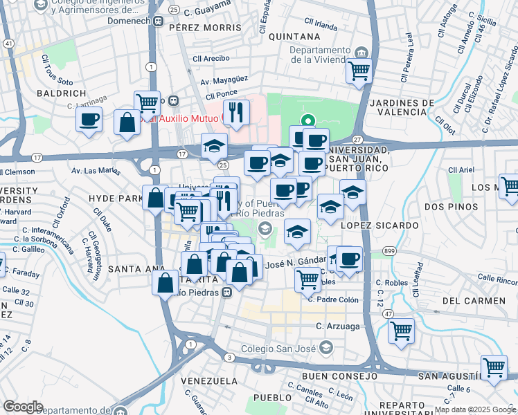 map of restaurants, bars, coffee shops, grocery stores, and more near 1064 Avenida de la Constitución in San Juan