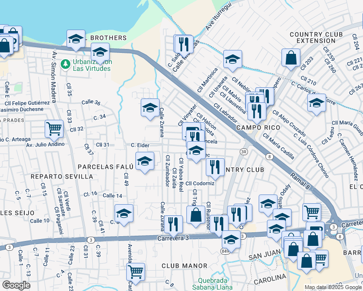 map of restaurants, bars, coffee shops, grocery stores, and more near 911 Calle Eider in San Juan