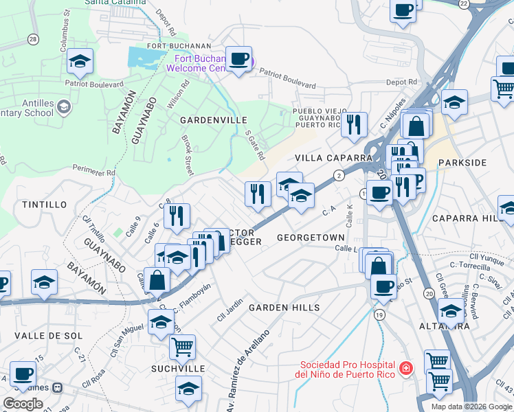 map of restaurants, bars, coffee shops, grocery stores, and more near 6 Calle G in Guaynabo