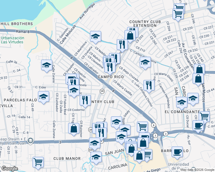 map of restaurants, bars, coffee shops, grocery stores, and more near in San Juan