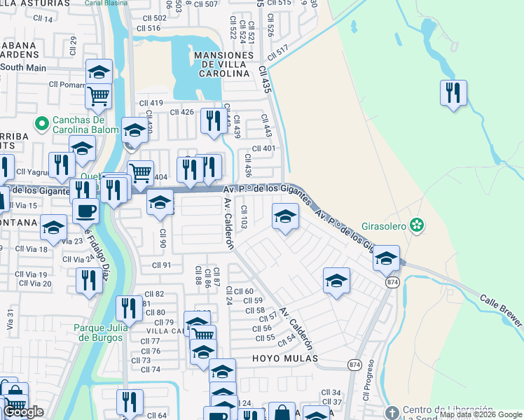 map of restaurants, bars, coffee shops, grocery stores, and more near 14-26 Calle 104 in Carolina