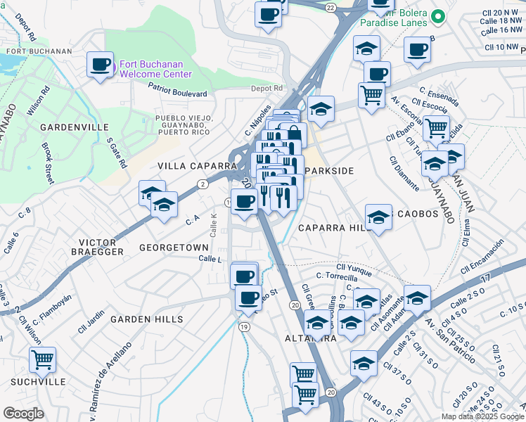 map of restaurants, bars, coffee shops, grocery stores, and more near Puerto Rico 20 in Guaynabo