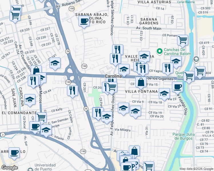 map of restaurants, bars, coffee shops, grocery stores, and more near Calle 215 in Carolina