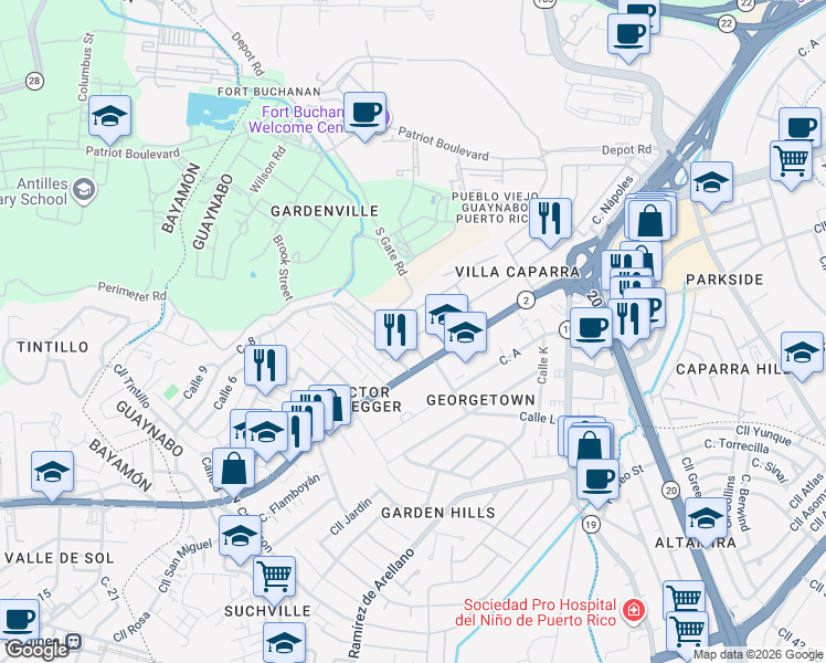 map of restaurants, bars, coffee shops, grocery stores, and more near 4-6 Calle G in Guaynabo