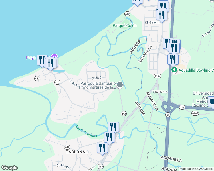 map of restaurants, bars, coffee shops, grocery stores, and more near Calle A in Aguada