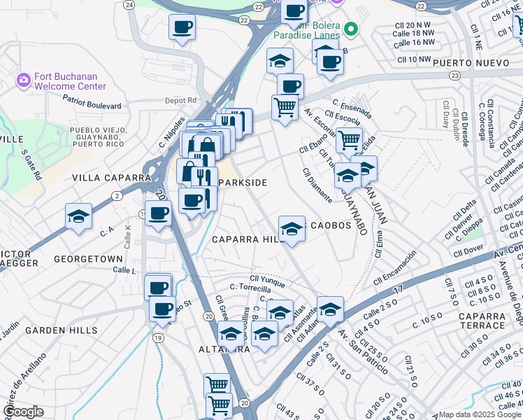 map of restaurants, bars, coffee shops, grocery stores, and more near 269-535 Avenida San Patricio in Guaynabo