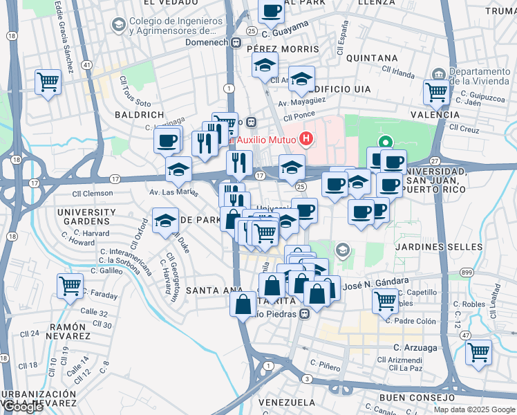 map of restaurants, bars, coffee shops, grocery stores, and more near in San Juan