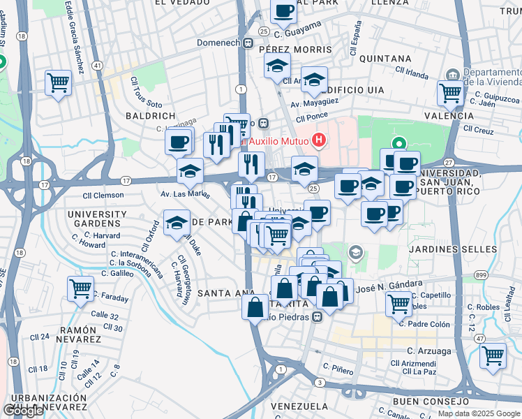 map of restaurants, bars, coffee shops, grocery stores, and more near in San Juan