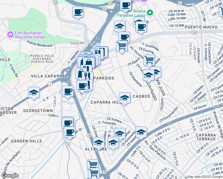 map of restaurants, bars, coffee shops, grocery stores, and more near 269-535 Avenida San Patricio in Guaynabo