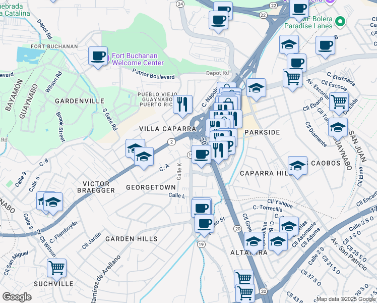 map of restaurants, bars, coffee shops, grocery stores, and more near in Guaynabo