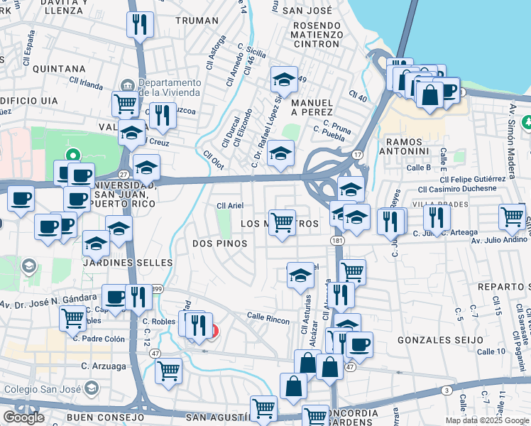map of restaurants, bars, coffee shops, grocery stores, and more near Calle Luisa Gutierrez in San Juan