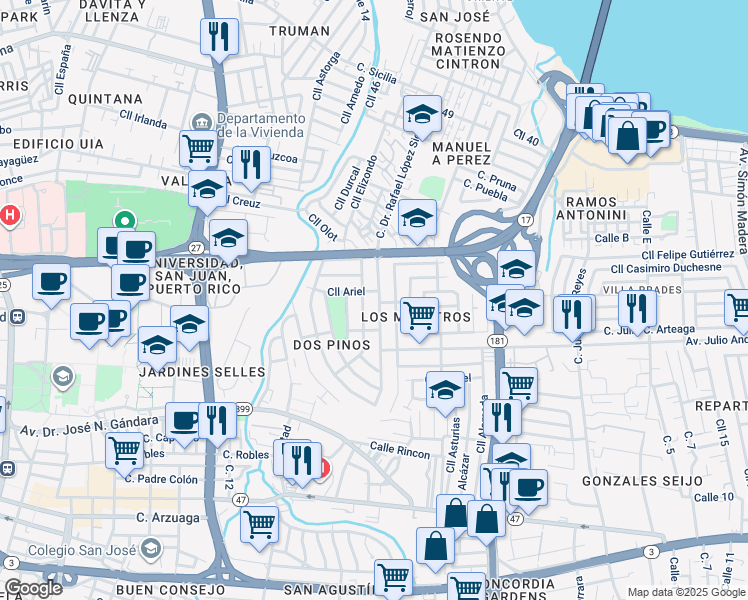 map of restaurants, bars, coffee shops, grocery stores, and more near Calle Luisa Gutierrez in San Juan