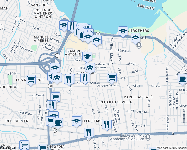 map of restaurants, bars, coffee shops, grocery stores, and more near Calle Aristides Chavier in San Juan