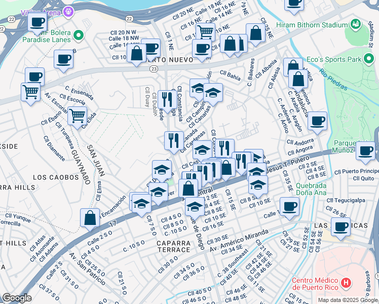 map of restaurants, bars, coffee shops, grocery stores, and more near 651-657 Calle Cremona in San Juan