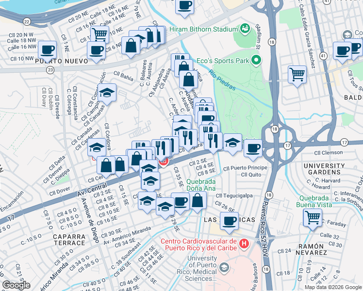map of restaurants, bars, coffee shops, grocery stores, and more near Calle Andorra in San Juan