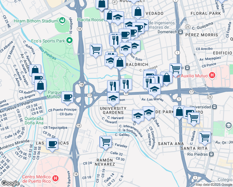 map of restaurants, bars, coffee shops, grocery stores, and more near Puerto Rico 17 in San Juan