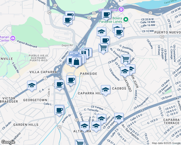 map of restaurants, bars, coffee shops, grocery stores, and more near 3 Avenida San Patricio in Guaynabo