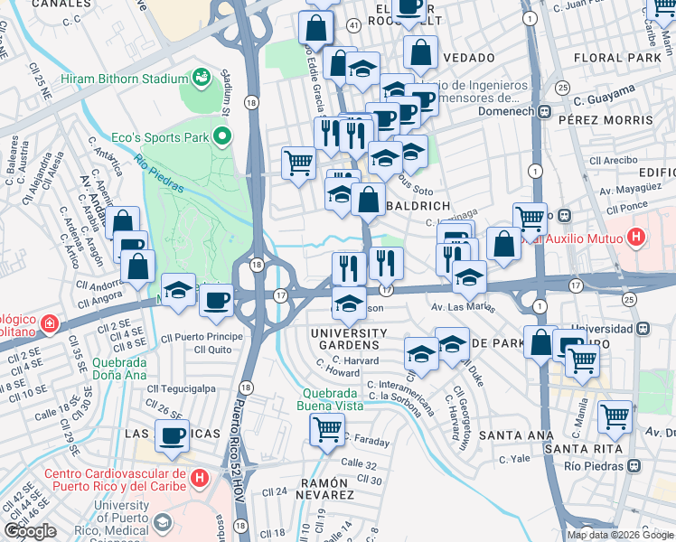 map of restaurants, bars, coffee shops, grocery stores, and more near in San Juan