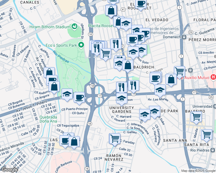 map of restaurants, bars, coffee shops, grocery stores, and more near Puerto Rico 17 in San Juan