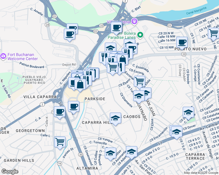 map of restaurants, bars, coffee shops, grocery stores, and more near Calle Parkside 1 in Guaynabo