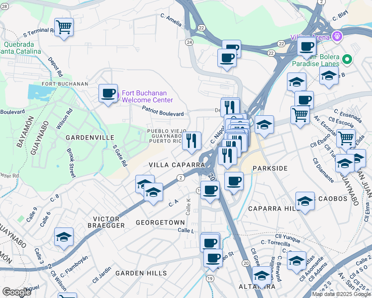 map of restaurants, bars, coffee shops, grocery stores, and more near 23-25 Calle Florencia in Guaynabo