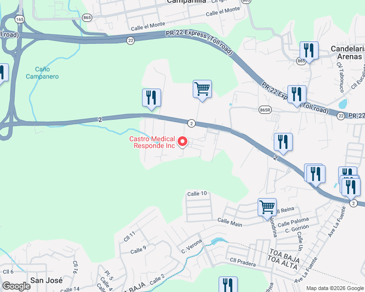 map of restaurants, bars, coffee shops, grocery stores, and more near Puerto Rico 2 in Toa Alta