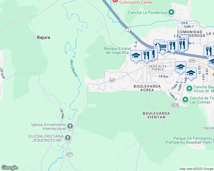 map of restaurants, bars, coffee shops, grocery stores, and more near in Bajura, Vega Alta, Puerto Rico