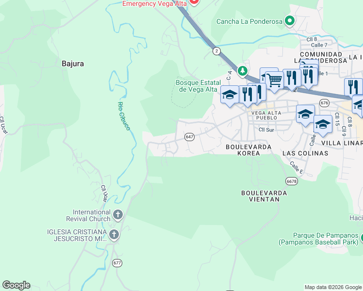 map of restaurants, bars, coffee shops, grocery stores, and more near in Bajura, Vega Alta, Puerto Rico