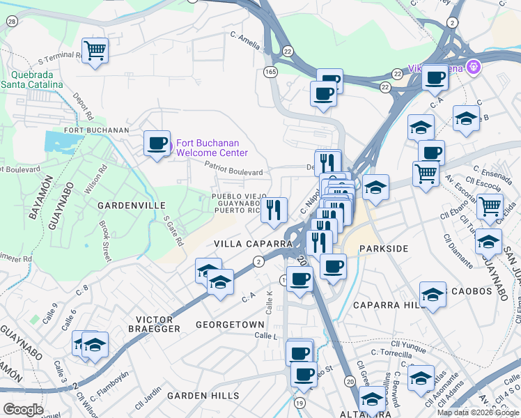 map of restaurants, bars, coffee shops, grocery stores, and more near Calle Roma in Guaynabo