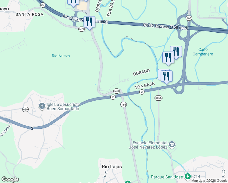 map of restaurants, bars, coffee shops, grocery stores, and more near Carretera Puerto Rico 693 in Toa Alta