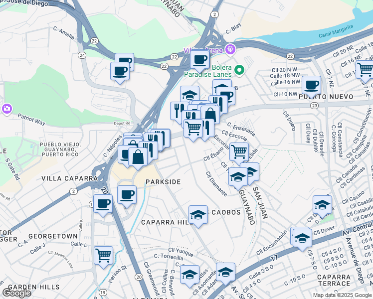 map of restaurants, bars, coffee shops, grocery stores, and more near Calle Parkside 1 in Guaynabo
