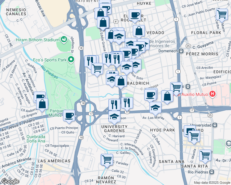 map of restaurants, bars, coffee shops, grocery stores, and more near Puerto Rico 41 in San Juan