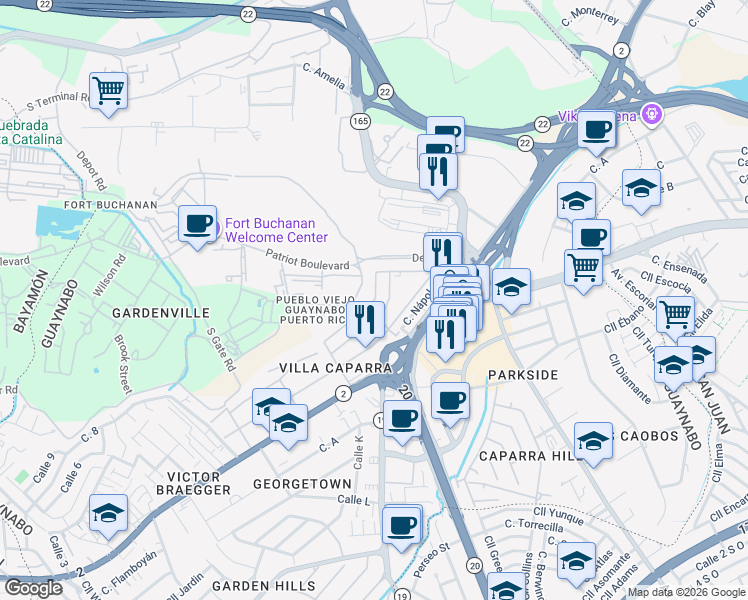 map of restaurants, bars, coffee shops, grocery stores, and more near Calle Roma in Guaynabo