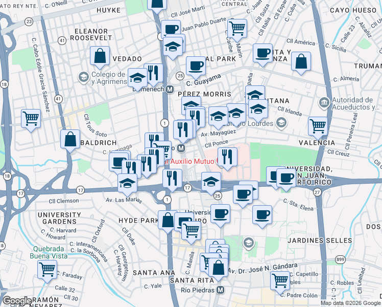 map of restaurants, bars, coffee shops, grocery stores, and more near 669-703 Puerto Rico 25 in San Juan