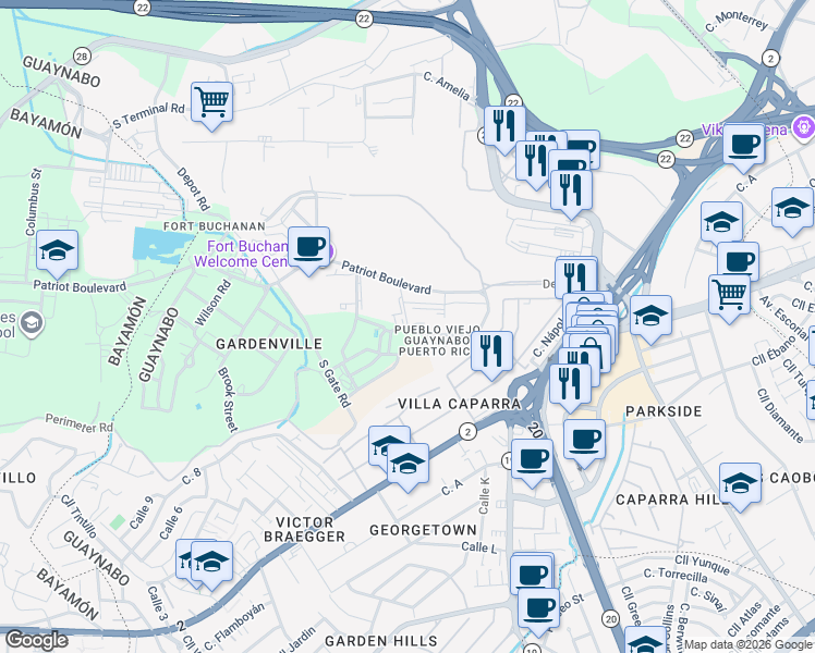 map of restaurants, bars, coffee shops, grocery stores, and more near Bailey Road in Guaynabo