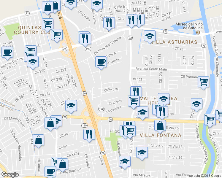 map of restaurants, bars, coffee shops, grocery stores, and more near Calle Fargas in Carolina