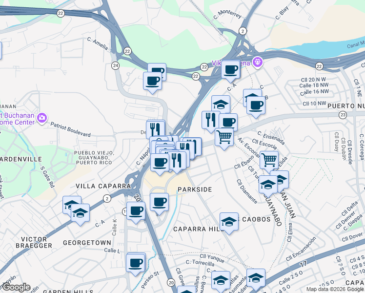 map of restaurants, bars, coffee shops, grocery stores, and more near in Guaynabo