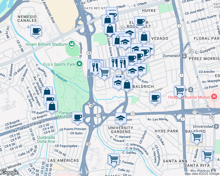 map of restaurants, bars, coffee shops, grocery stores, and more near Calle Sgto Luis Medina in San Juan