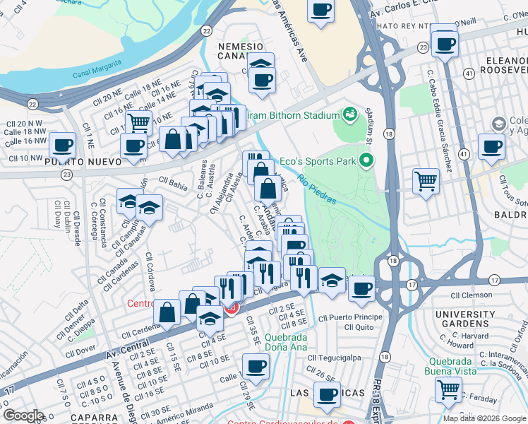 map of restaurants, bars, coffee shops, grocery stores, and more near in San Juan